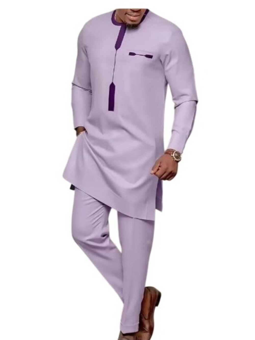 African Formal Dashiki Suit Lavender Shirt Pant Suit Traditional Dress Outfit